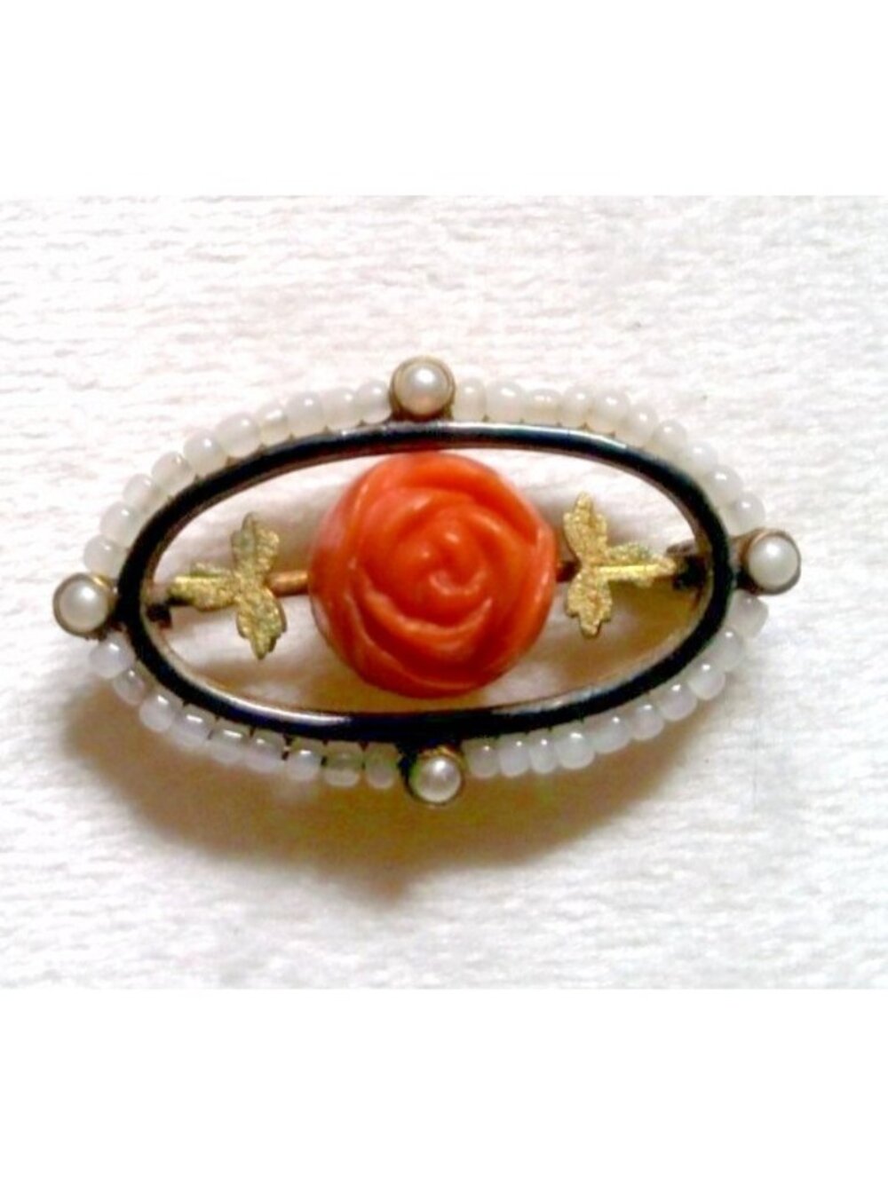 Vintage Celluloid Carved Rose‎ Brooch Victorian Style Faux Coral & Pearl Pin 1"